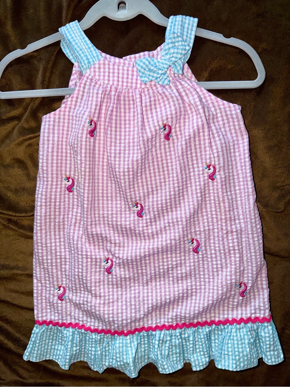 Emily Rose Pink and Blue Gingham Tank Dress with Unicorn Embroidery